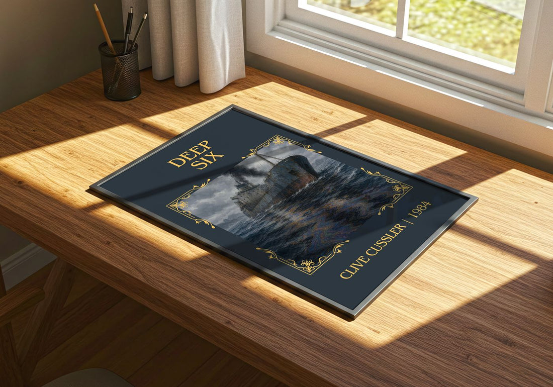 Deep Six Classic Book Art Print by Clive Cussler – print on a sunlit desk