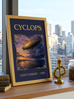 Cyclops Classic Book Art Print by Clive Cussler – framed print on a city-view windowsill