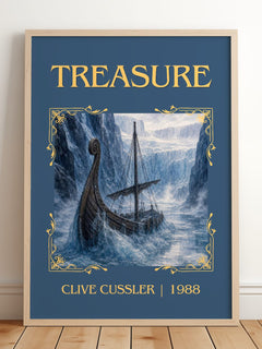 Treasure Classic Book Art Print by Clive Cussler – framed print leaning on a wooden floor