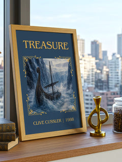 Treasure Classic Book Art Print by Clive Cussler – framed print on a city-view windowsill