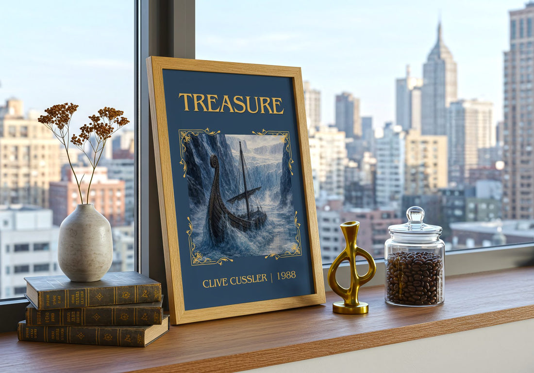 Treasure Classic Book Art Print by Clive Cussler – framed print on a city-view windowsill