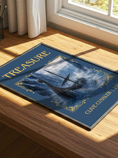 Treasure Classic Book Art Print by Clive Cussler – print on a sunlit desk