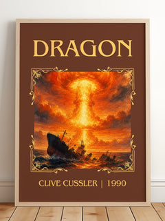 Dragon Classic Book Art Print by Clive Cussler – framed print leaning on a wooden floor