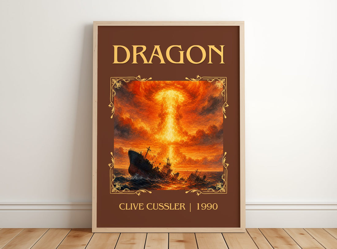 Dragon Classic Book Art Print by Clive Cussler – framed print leaning on a wooden floor