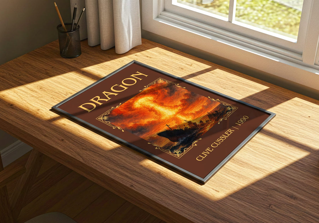 Dragon Classic Book Art Print by Clive Cussler – print on a sunlit desk