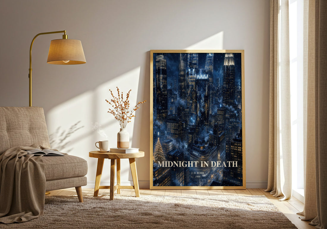 Midnight In Death watercolour print in frame leaning in hallway – thriller wall art (mockup)