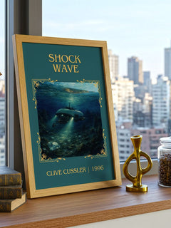 Shock Wave Classic Book Art Print by Clive Cussler – framed print on a city-view windowsill