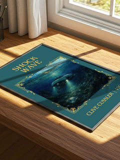Shock Wave Classic Book Art Print by Clive Cussler – print on a sunlit desk