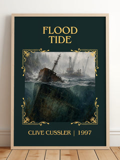 Flood Tide Classic Book Art Print by Clive Cussler – framed print leaning on a wooden floor