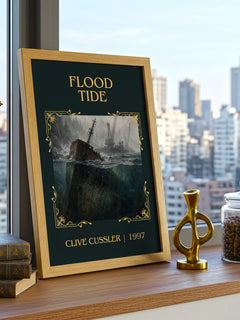 Flood Tide Classic Book Art Print by Clive Cussler – framed print on a city-view windowsill
