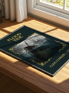 Flood Tide Classic Book Art Print by Clive Cussler – print on a sunlit desk