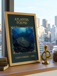 Atlantis Found Classic Book Art Print by Clive Cussler – framed print on a city-view windowsill