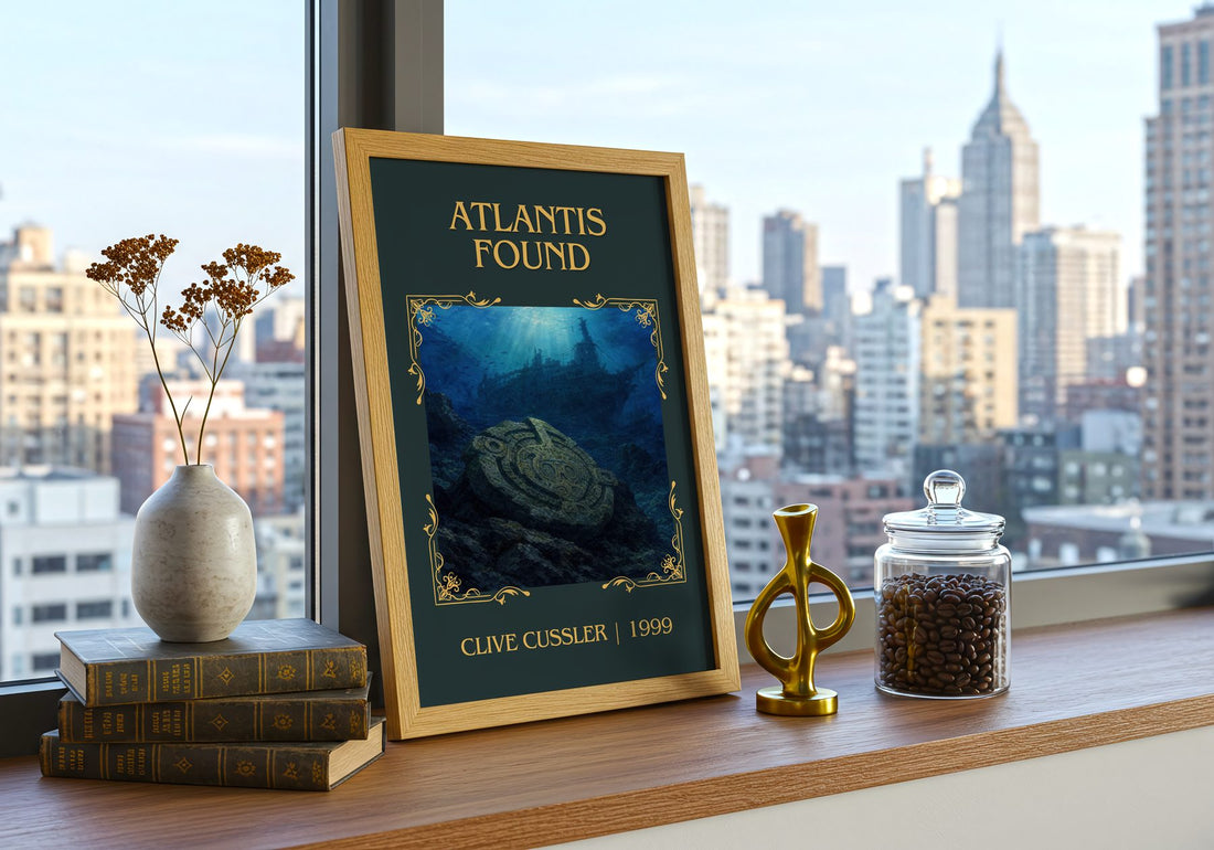 Atlantis Found Classic Book Art Print by Clive Cussler – framed print on a city-view windowsill