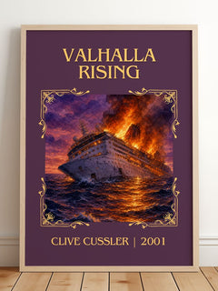 Valhalla Rising Classic Book Art Print by Clive Cussler – framed print leaning on a wooden floor