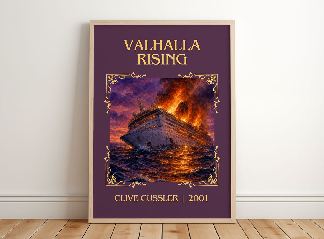Valhalla Rising Classic Book Art Print by Clive Cussler – framed print leaning on a wooden floor