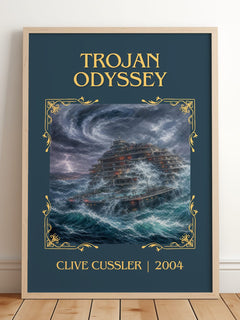 Trojan Odyssey Classic Book Art Print by Clive Cussler – framed print leaning on a wooden floor