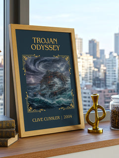 Trojan Odyssey Classic Book Art Print by Clive Cussler – framed print on a city-view windowsill
