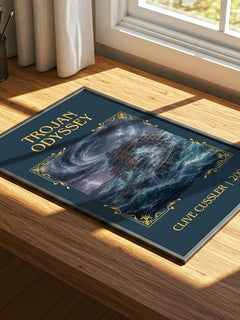 Trojan Odyssey Classic Book Art Print by Clive Cussler – print on a sunlit desk