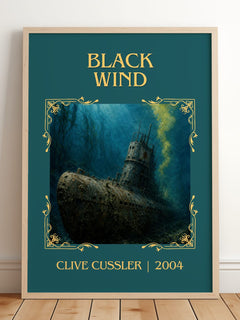 Black Wind Classic Book Art Print by Clive Cussler – framed print leaning on a wooden floor