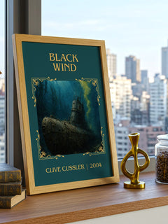 Black Wind Classic Book Art Print by Clive Cussler – framed print on a city-view windowsill