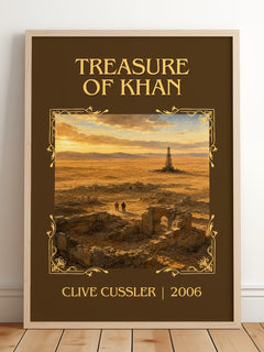 Treasure of Khan Classic Book Art Print by Clive Cussler – framed print leaning on a wooden floor