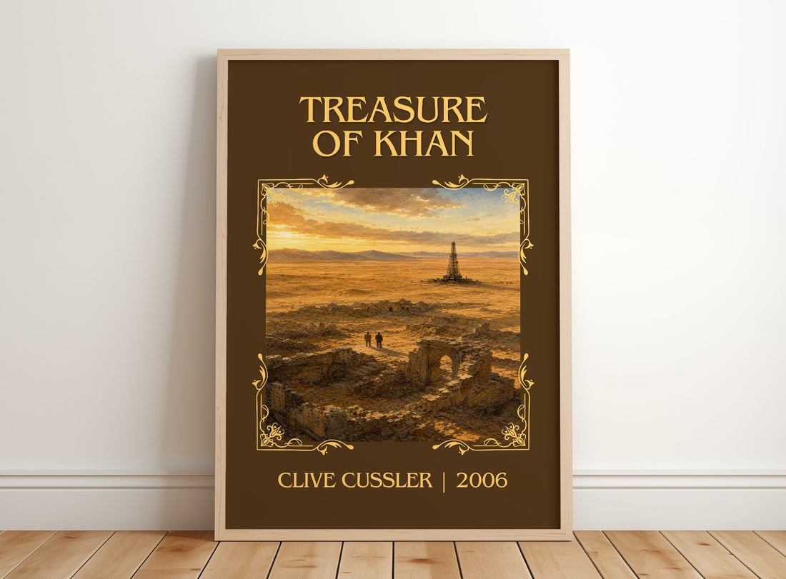 Treasure of Khan Classic Book Art Print by Clive Cussler – framed print leaning on a wooden floor