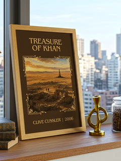 Treasure of Khan Classic Book Art Print by Clive Cussler – framed print on a city-view windowsill