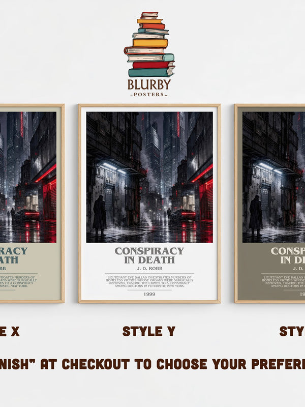 Conspiracy In Death bookish print in frame leaning in hallway – thriller wall art