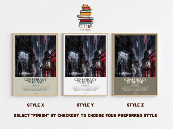 Conspiracy In Death bookish print in frame leaning in hallway – thriller wall art