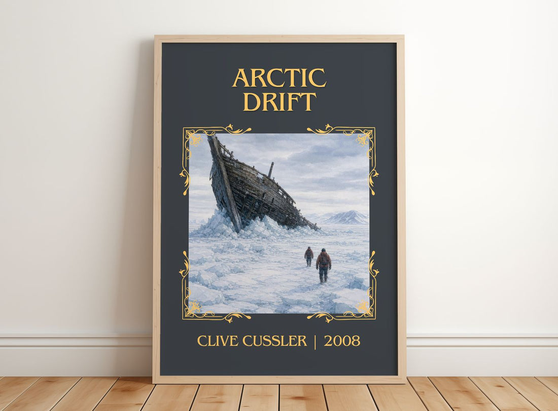 Arctic Drift Classic Book Art Print by Clive Cussler – framed print leaning on a wooden floor