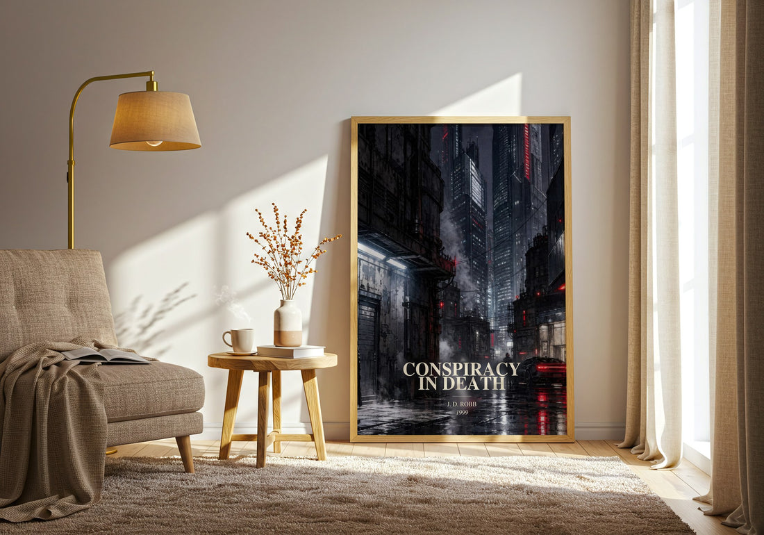 Conspiracy In Death watercolour print in frame leaning in hallway – thriller wall art (mockup)