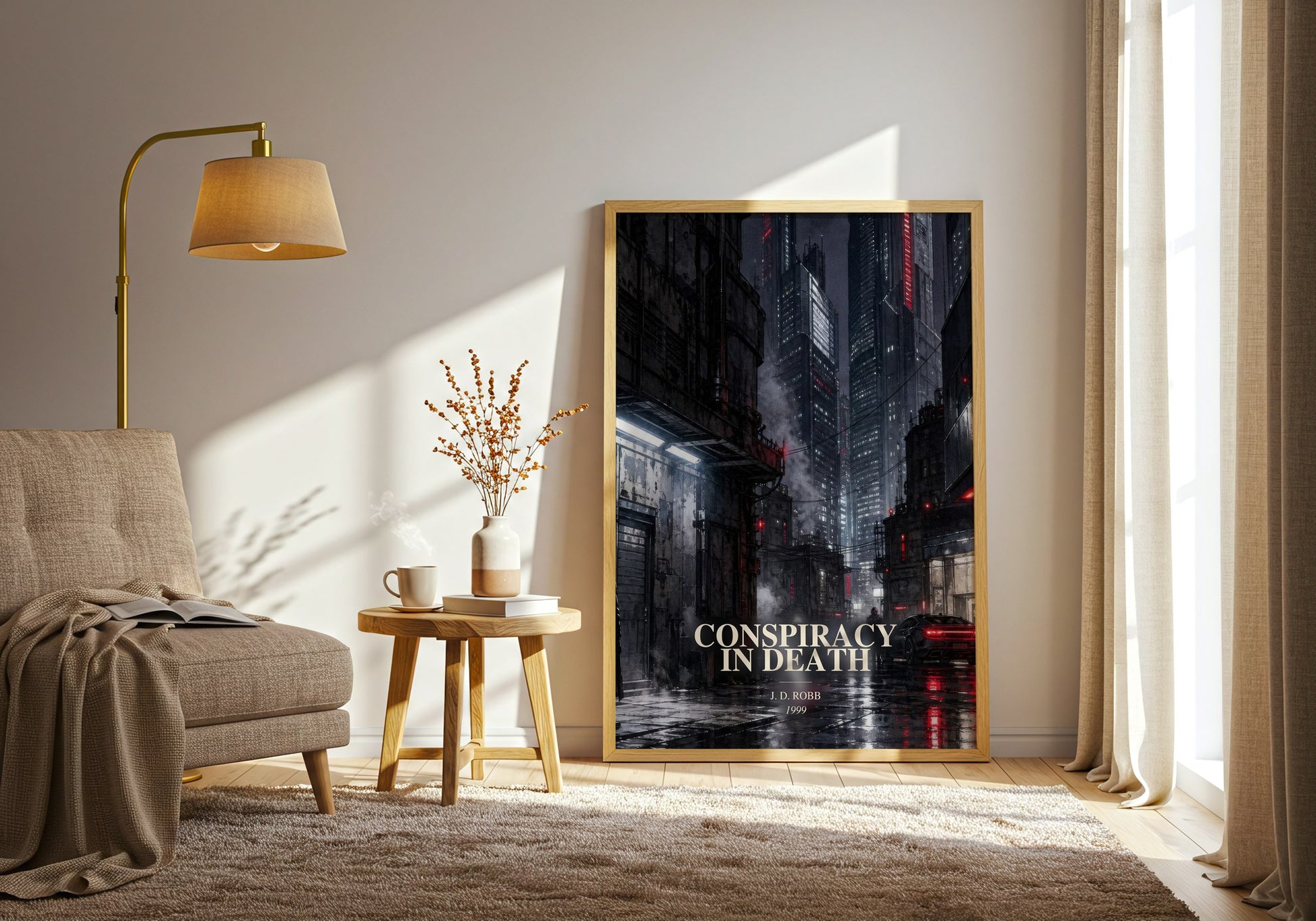 Conspiracy In Death watercolour print in frame leaning in hallway – thriller wall art
