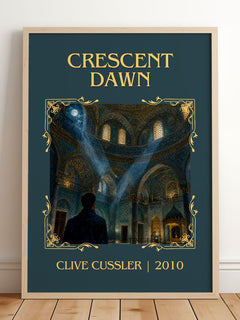Crescent Dawn Classic Book Art Print by Clive Cussler – framed print leaning on a wooden floor