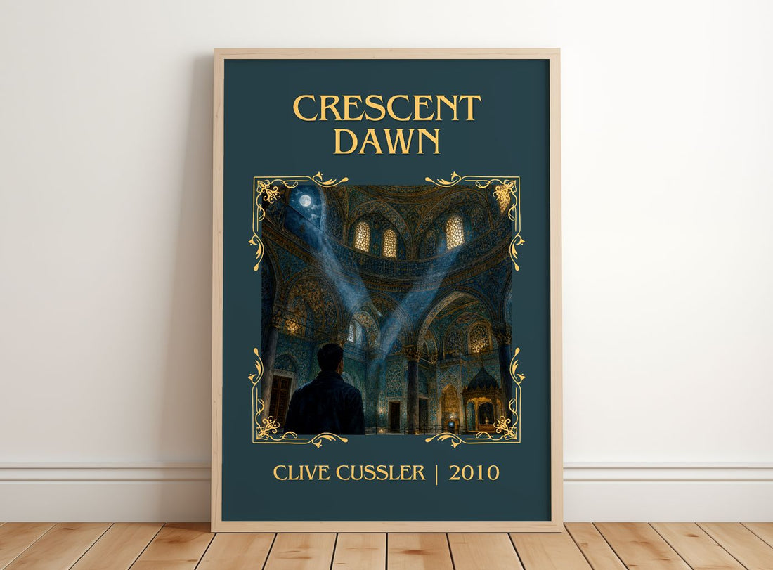 Crescent Dawn Classic Book Art Print by Clive Cussler – framed print leaning on a wooden floor