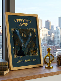 Crescent Dawn Classic Book Art Print by Clive Cussler – framed print on a city-view windowsill