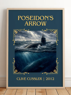 Poseidon's Arrow Classic Book Art Print by Clive Cussler – framed print leaning on a wooden floor