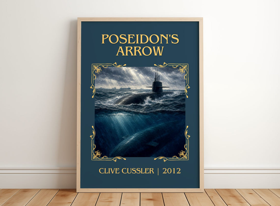 Poseidon's Arrow Classic Book Art Print by Clive Cussler – framed print leaning on a wooden floor