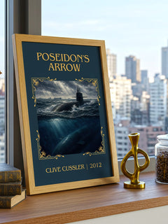 Poseidon's Arrow Classic Book Art Print by Clive Cussler – framed print on a city-view windowsill