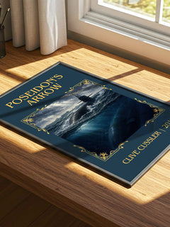 Poseidon's Arrow Classic Book Art Print by Clive Cussler – print on a sunlit desk