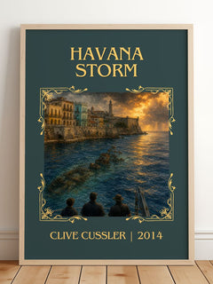 Havana Storm Classic Book Art Print by Clive Cussler – framed print leaning on a wooden floor