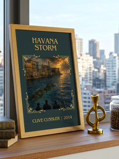 Havana Storm Classic Book Art Print by Clive Cussler – framed print on a city-view windowsill