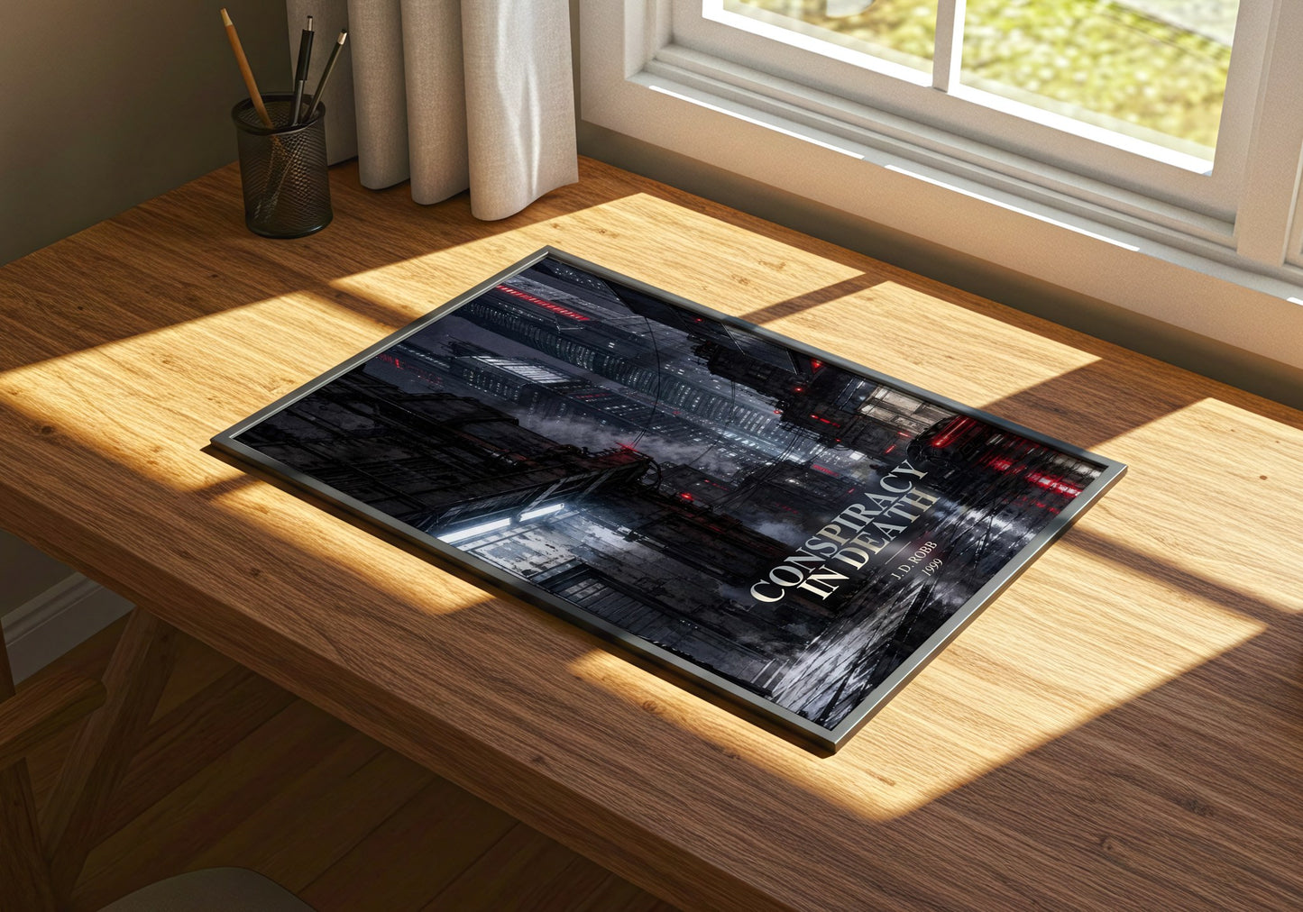 Conspiracy In Death watercolour book poster framed on wall – thriller wall art