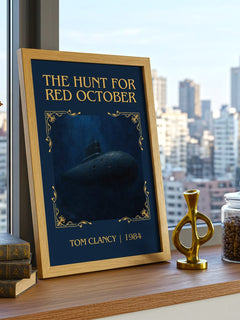 The Hunt for Red October Classic Book Art Print by Tom Clancy – framed print on a city-view windowsill