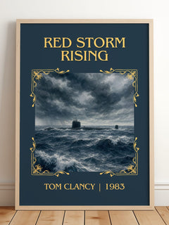 Red Storm Rising Classic Book Art Print by Tom Clancy – framed print leaning on a wooden floor