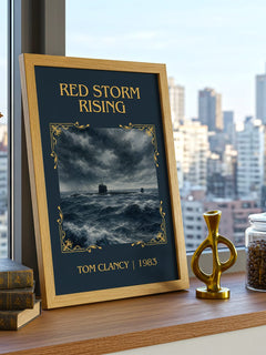 Red Storm Rising Classic Book Art Print by Tom Clancy – framed print on a city-view windowsill