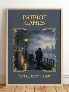 Patriot Games Classic Book Art Print by Tom Clancy – framed print leaning on a wooden floor