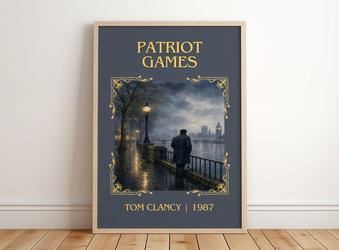 Patriot Games Classic Book Art Print by Tom Clancy – framed print leaning on a wooden floor