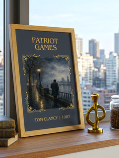 Patriot Games Classic Book Art Print by Tom Clancy – framed print on a city-view windowsill