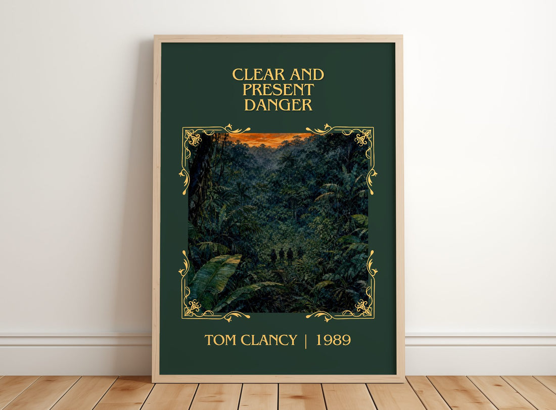Clear and Present Danger Classic Book Art Print by Tom Clancy – framed print leaning on a wooden floor