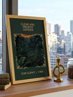 Clear and Present Danger Classic Book Art Print by Tom Clancy – framed print on a city-view windowsill